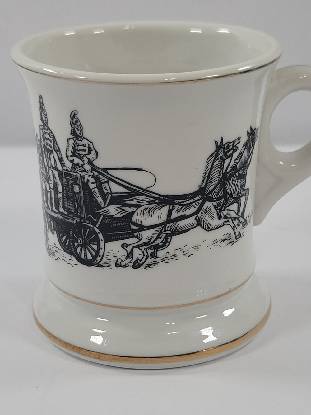 VTG Porcelain Mustache Mug Horse Drawn Wagon Steam Engine Pump Gold Trim # 7679